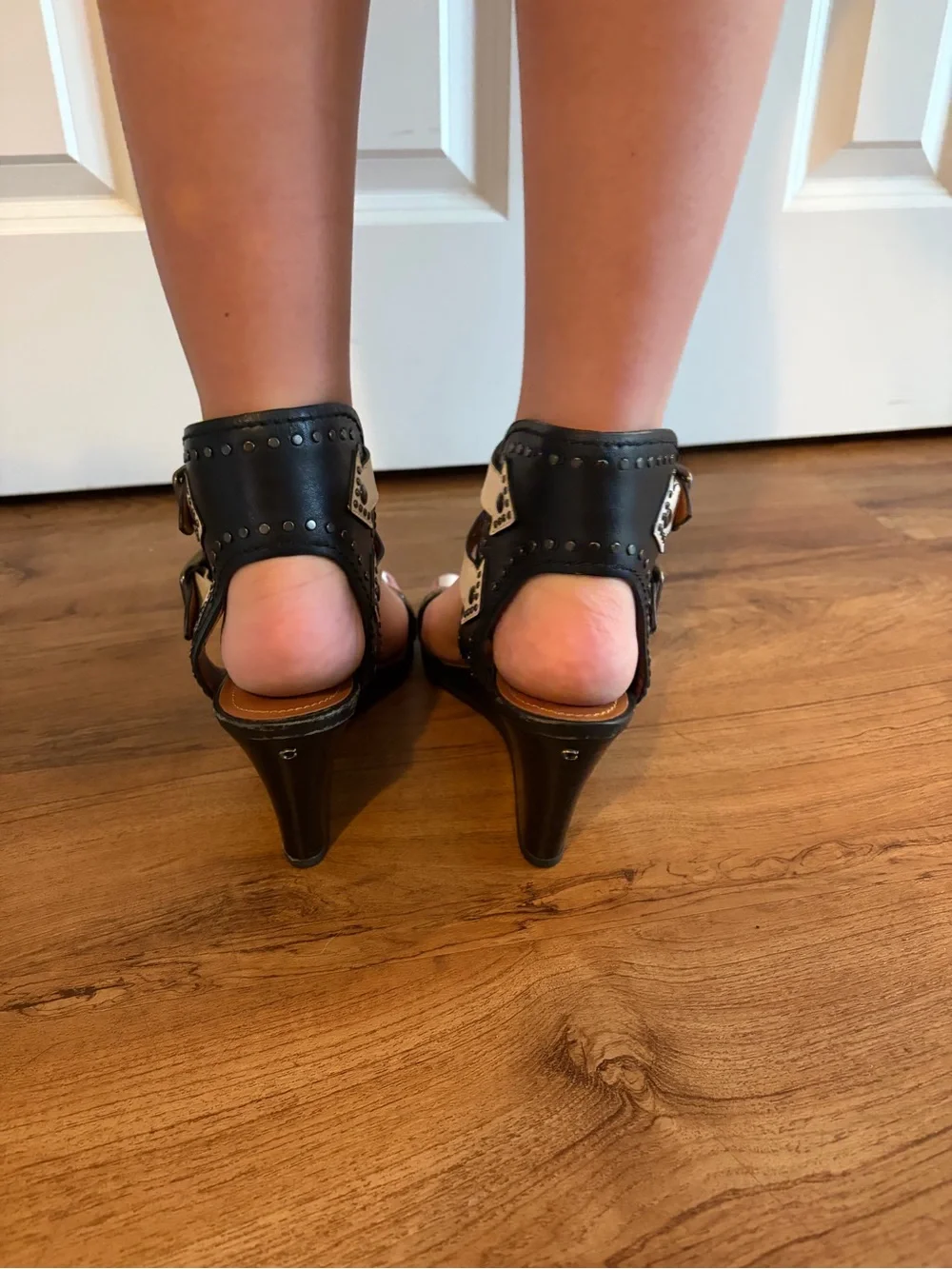 Coach Black Wedge Sandals with Cream Straps and Brown Accents